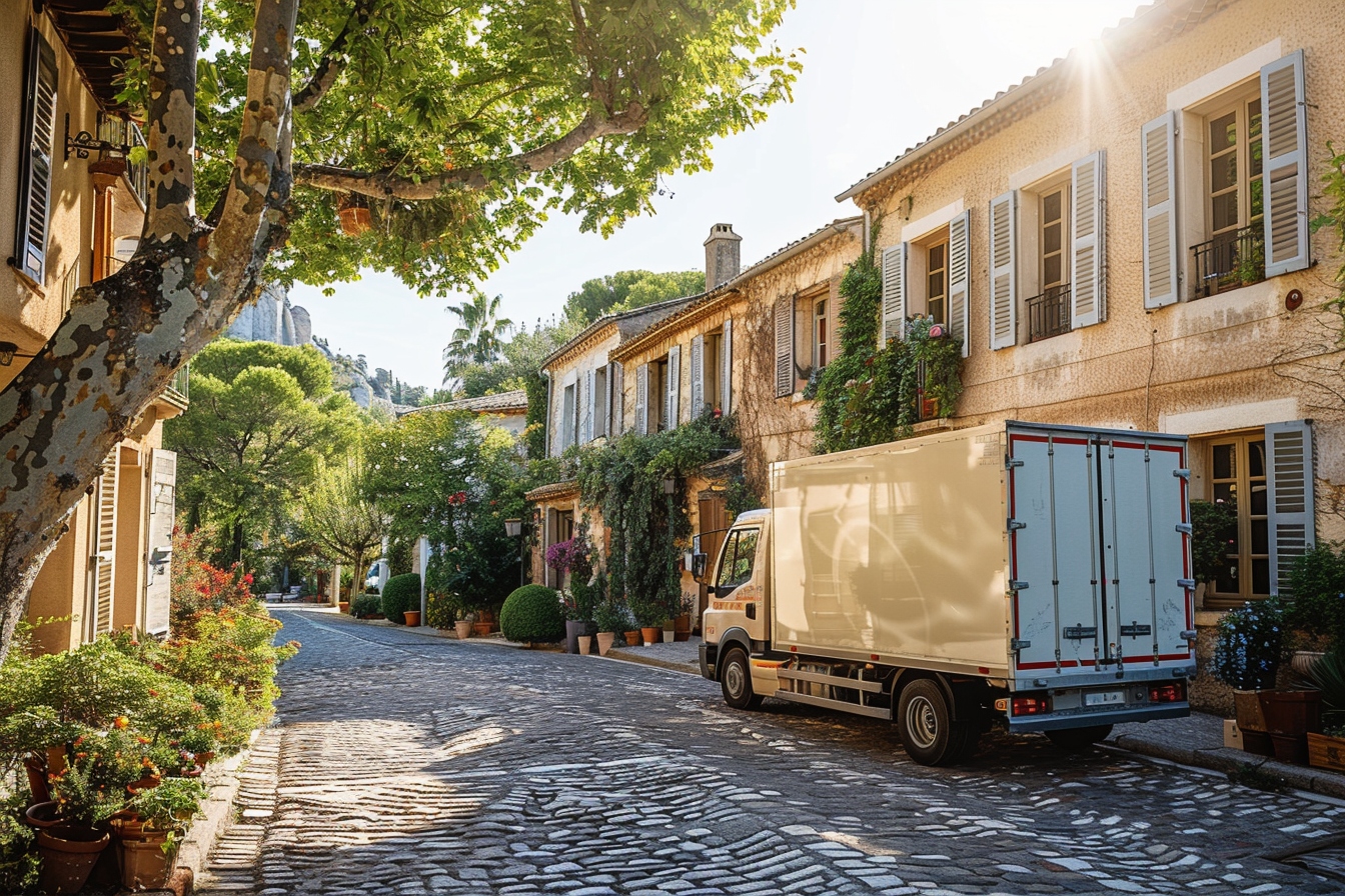 Camion de déménagement stationné près des anciennes rues d'Arles, illustrant un moyen de transport efficace pour un déménagement sans stress dans la ville.