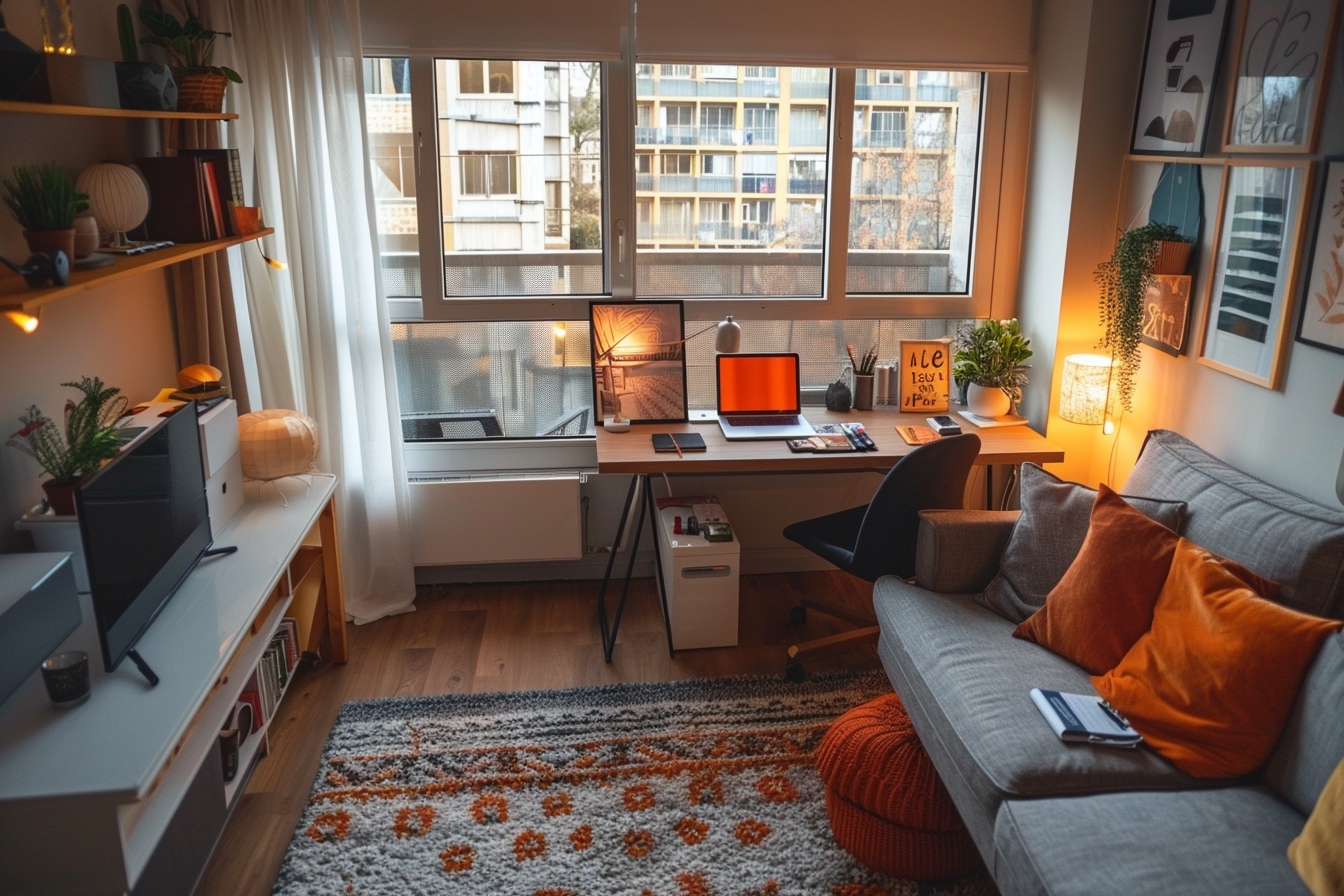 Coin bureau fonctionnel aménagé dans un petit appartement à Arles, optimisant l'espace pour travailler efficacement et confortablement.