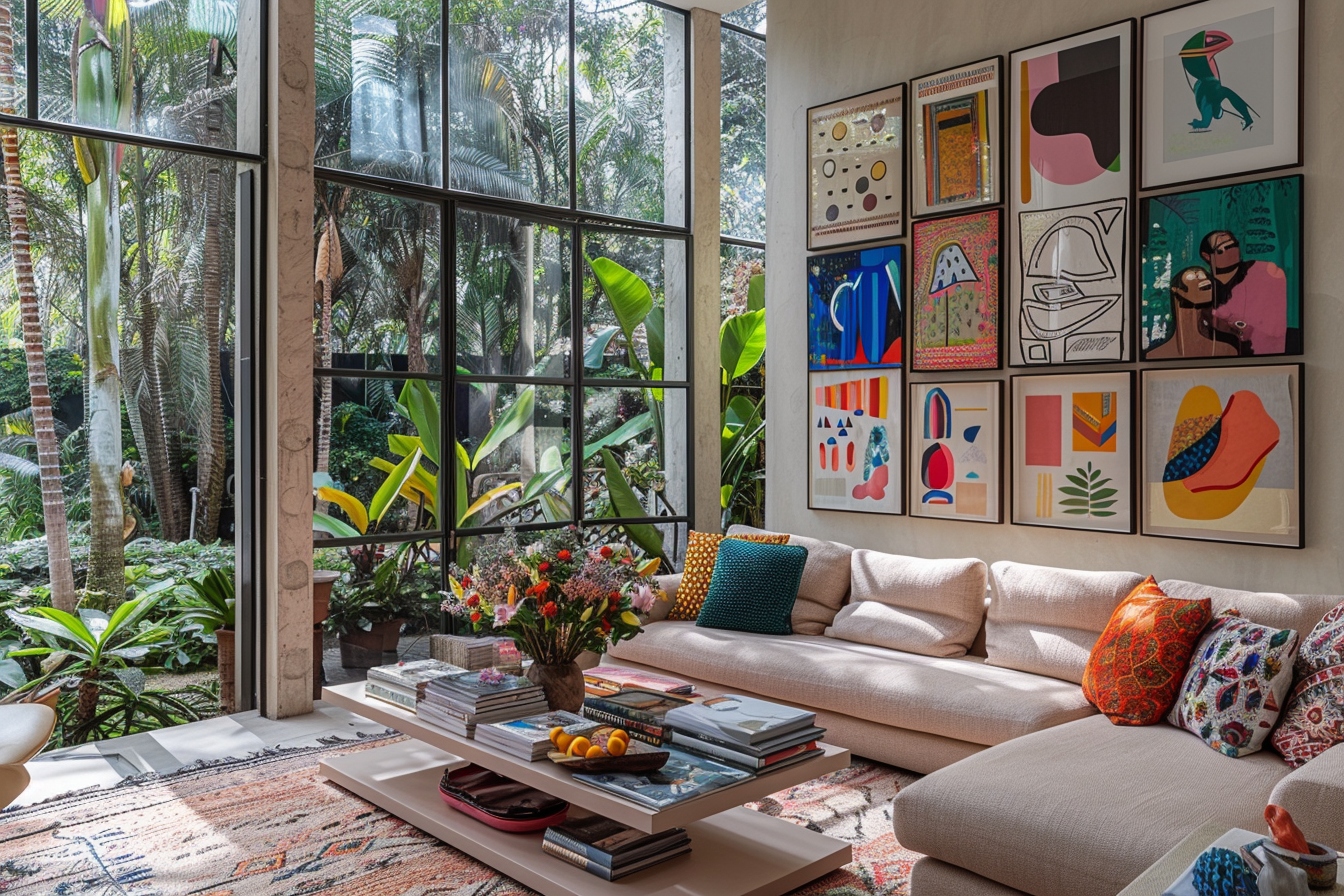 Intérieur de maison ouverte avec palette de couleurs harmonieuses illustrant des tactiques de coordination de peinture
