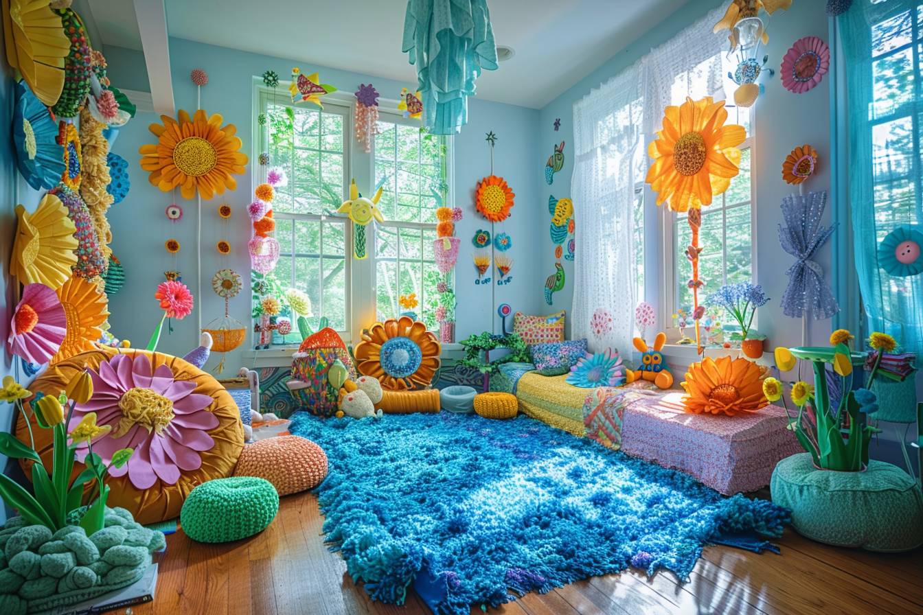 Chambre d'enfant colorée et imaginative décorée avec des matériaux recyclés et des jouets faits maison